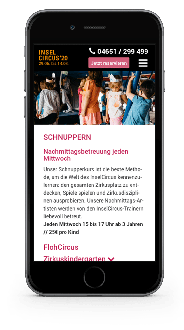 Kuki Design Web Gestaltung Umsetzung InselCircus Unterseite Ansicht Smartphone